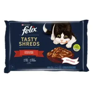 FELIX TASTY SHREDS BUEY POLLO 12(4x80gr)CARNE Gato